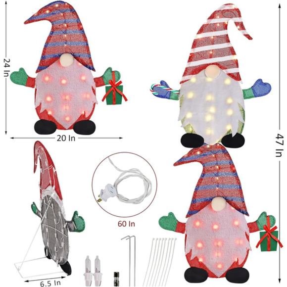 2 Pack Pre-Lit Light Up Gnomes, 50 Lights Lighted Gnome Christmas Decoration - Picture 2 of 6